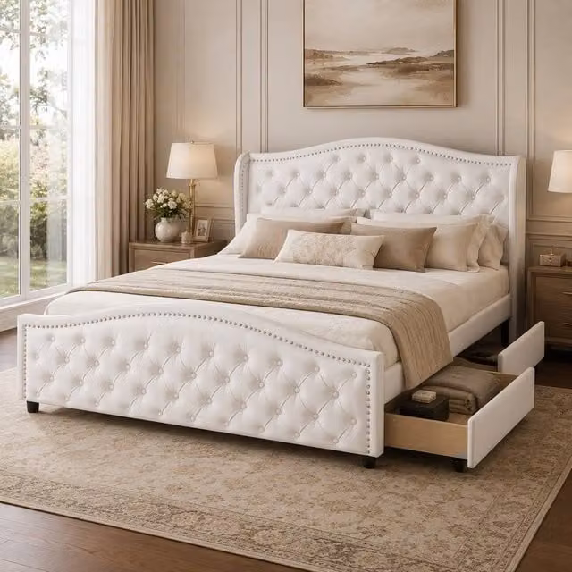 Rolipo Upholstered Chesterfield Double Bed Frame with Drawers in White Faux Leather, W/D/H: 135 x 190 x 100 cm – 1