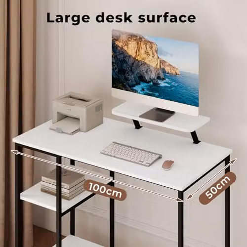 Levede Modern Computer Desk with Monitor Stand and Storage Shelves, Black and White, W/D/H: 100 x 50 x 76 cm – 8