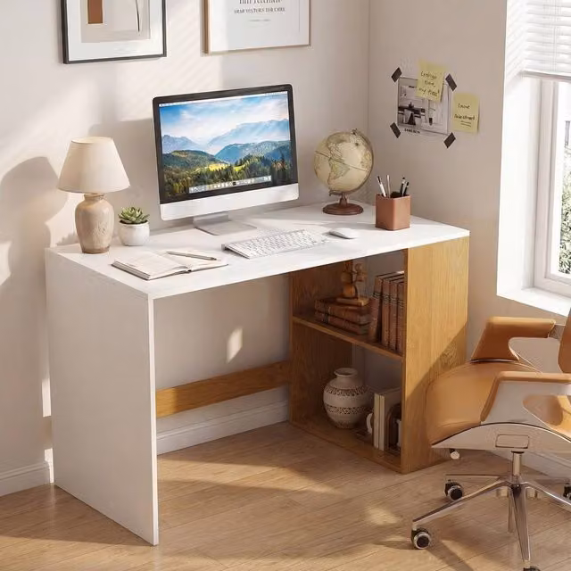 Gymax Wooden Writing Desk with 2 Open Shelves and Legroom in White – 1