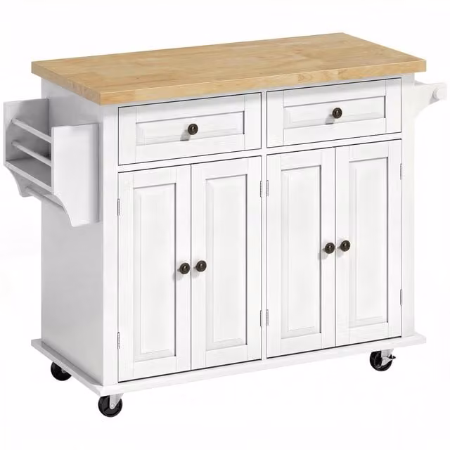 HOMCOM Rolling Kitchen Island Trolley with Rubberwood Top and Drawers, White