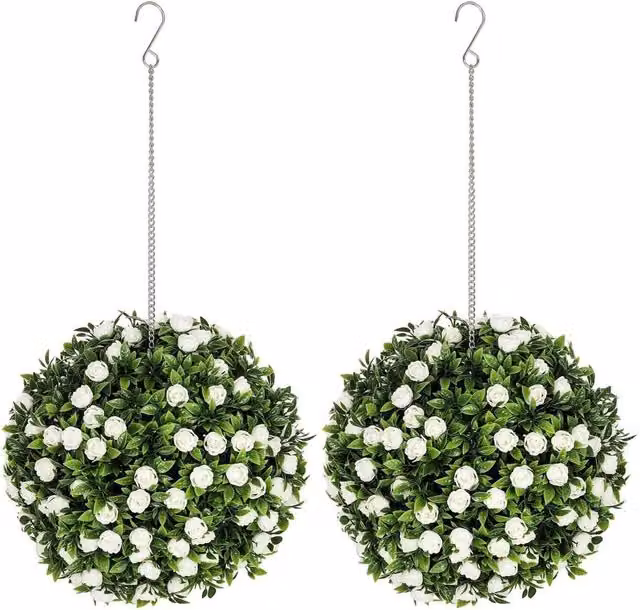 Kelvenix Set of 2 Green Artificial Rose Ball Topiary Hanging Floral Decorations