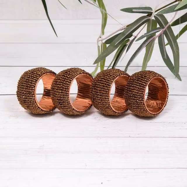 Annibells Set of 4 Beaded Napkin Rings in Bronze with Glass and Metal Details
