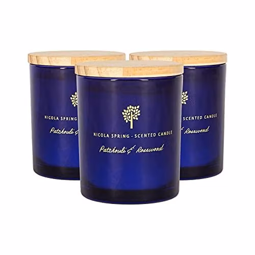 Nicola Spring Patchouli and Rosewood Scented Soy Wax Candles, Blue, Pack of 3, 130g each – 1