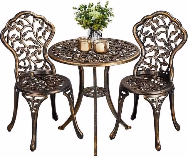 KORVIXA 3 Piece Antique Bronze Metal Bistro Dining Set for Terrace or Balcony, W/D: 100 x 100 cm