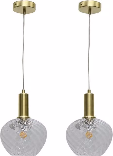 First Choice Lighting Bradson Set of 2 Deco Pendant Fittings with Clear Swirl Glass and Satin Brass Finish – 1