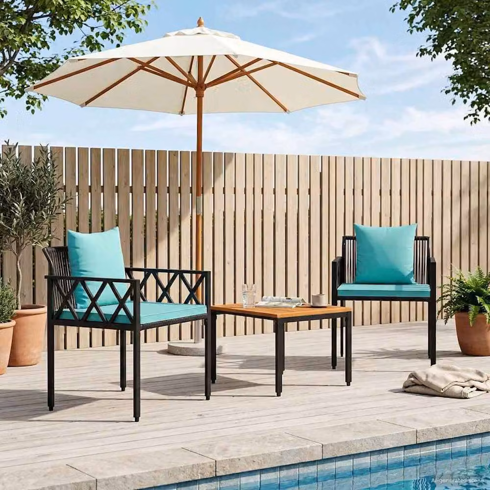 Berkfield Home 3 Piece Outdoor Furniture Set in Black and Turquoise Poly Rattan – 3