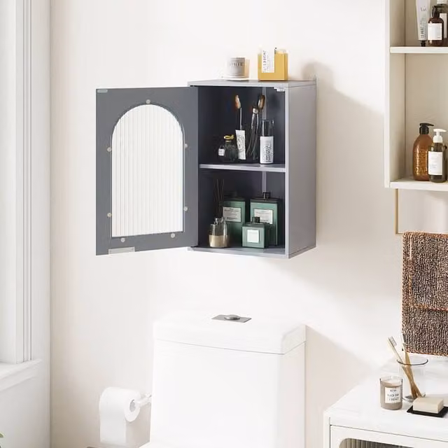 Costway Grey Wooden Wall Mounted Bathroom and Medicine Cabinet with Glass Doors