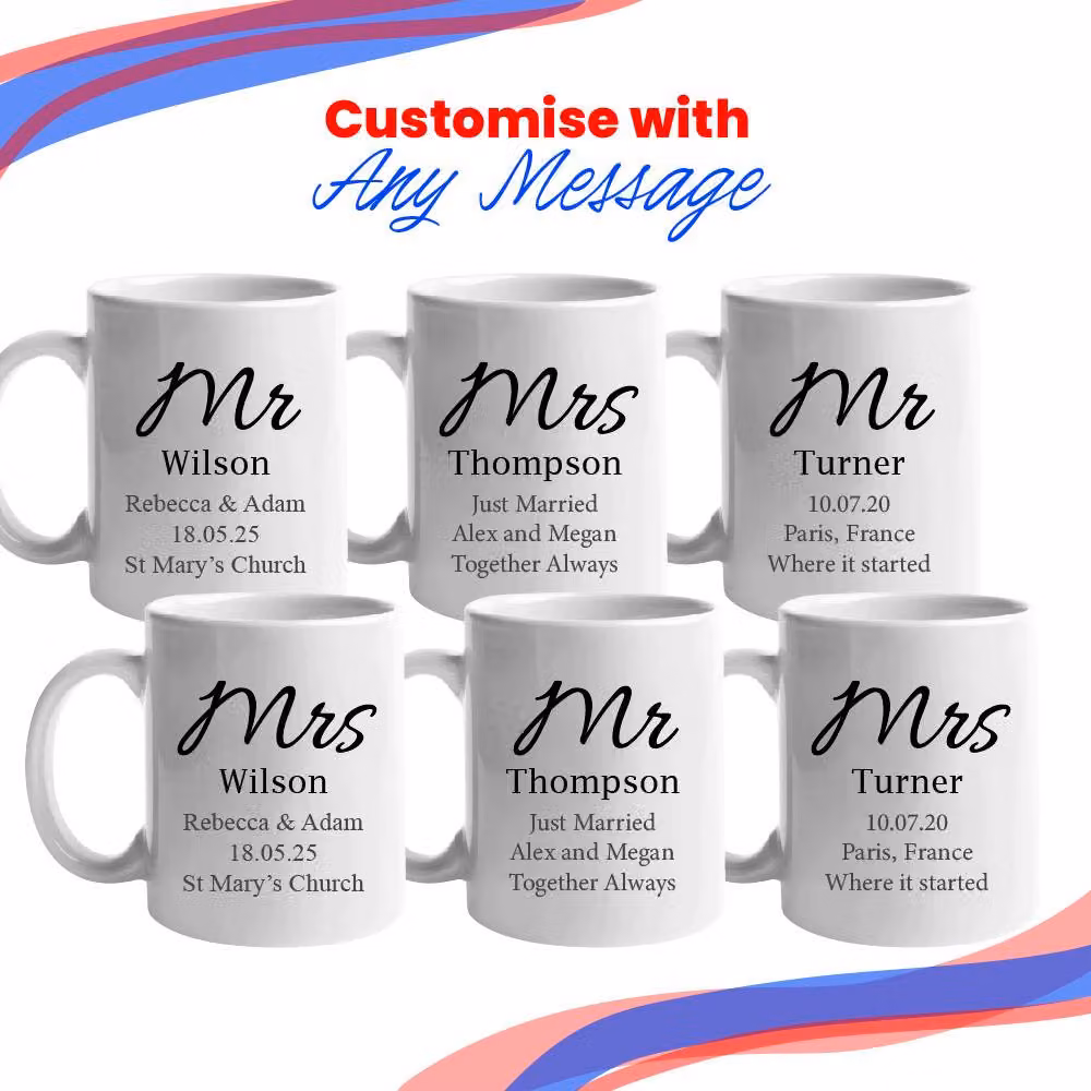 Uniqueful Personalised Mr & Mrs Elegant Font Design Ceramic 11oz Mug Set in White – 3