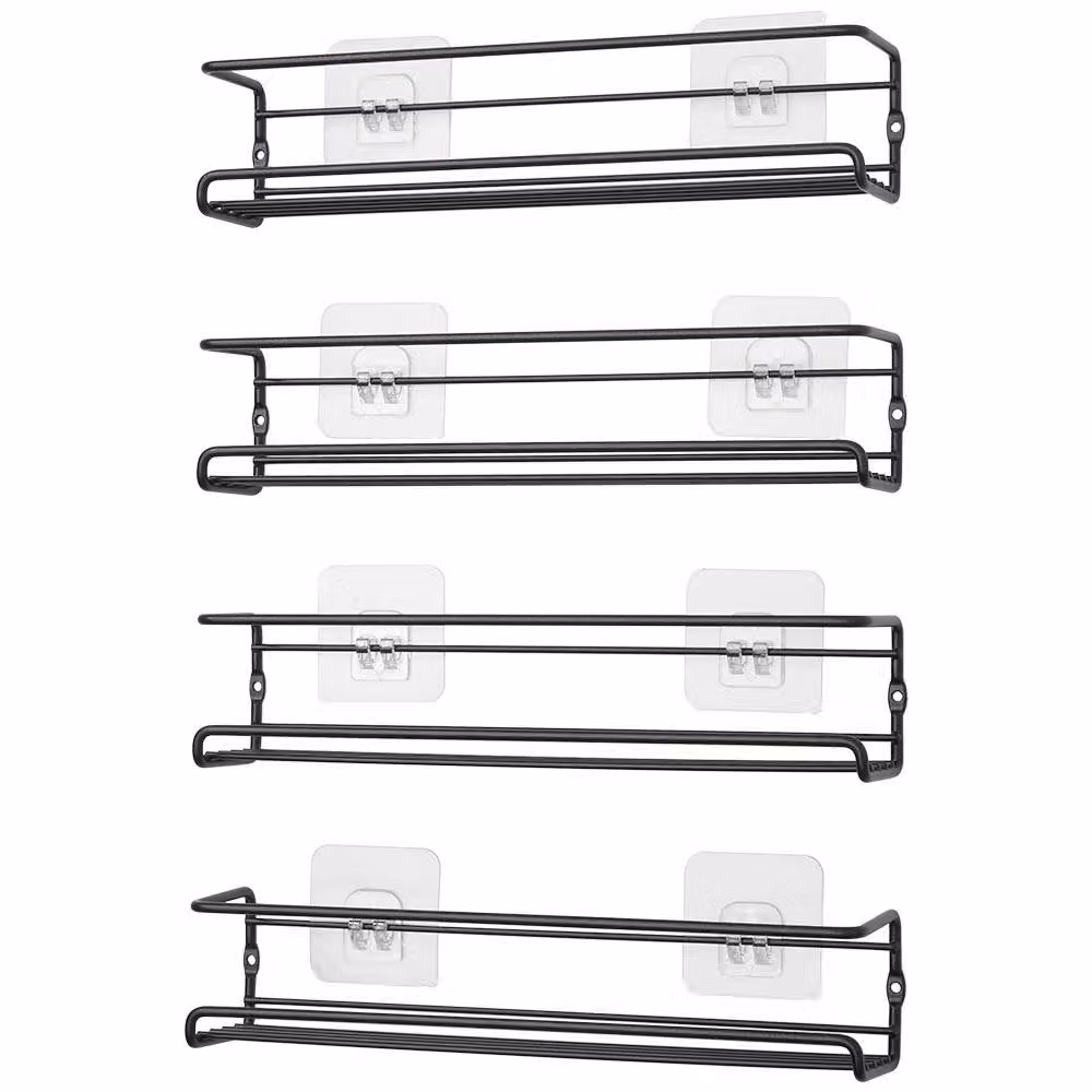 Garden Sanctuary Set of 4 Black Metal Wall Mounted Industrial Kitchen Spice Racks – 2