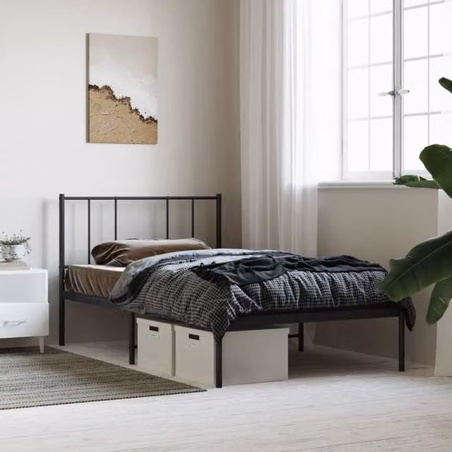 Berkfield Home Metal Bed Frame with Headboard in Black, W/D/H: 90 x 200 cm