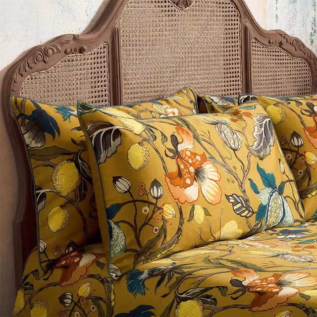Edinburgh Weavers Morton Floral Premium Cotton Mako Satin Pillowcase Pair in Yellow