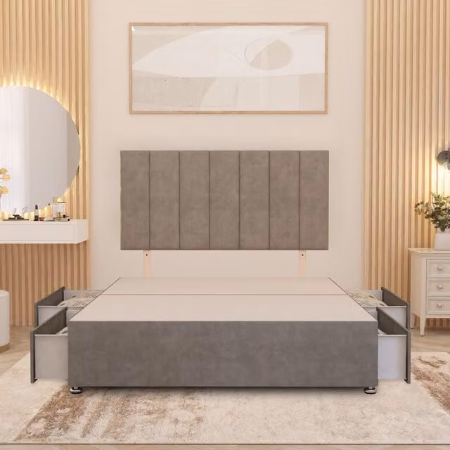 Somnior Beds Ltd Austin Divan Bed Base with 32 inch Headboard and Storage Drawers in Silver Grey Plush Velvet, W/D/H: 180 x 200 cm