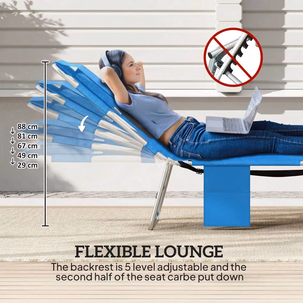 OUTSUNNY Blue Folding Garden Sun Lounger with Adjustable Headrest and Reading Hole – 4