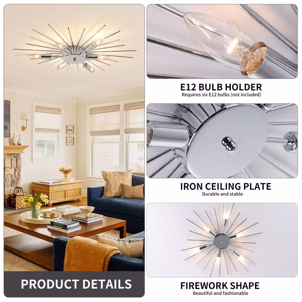 NIVOR 6 Light Sputnik Dimmable Chrome Flush Mount Ceiling Lamp in Metallic Silver – 5