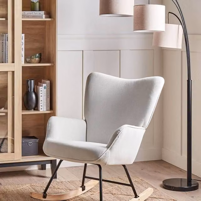 Wyld and Coco Aura Living Rocking Armchair in White Jumbo Cord with Black Metal and Rubberwood Legs
