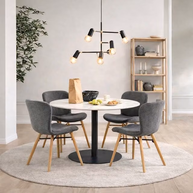 Furniture To Go Corby Round White Marble Dining Table with Black Base and 4 Batilda Grey and Oak Chairs