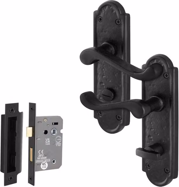 AFIT Black Antique Cast Iron Door Handle and Backplate Set with Bathroom Lock, Matt Finish, W/D/H: 150 x 100 x 15 mm – 1
