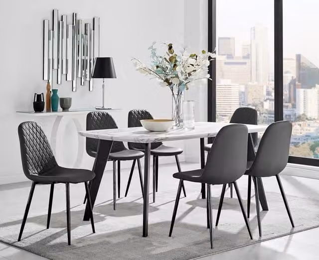 FurnitureboxUK Andria White Marble Effect Rectangular Dining Table and 6 Corona Faux Leather Chairs in Black and White, W/D/H: 160 x 90 x 75 cm
