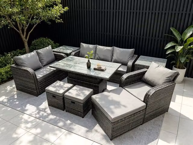 Fimous Rattan Garden Dining Set with Reclining Sofa, 2 Side Tables and 3 Footstools in Dark Grey