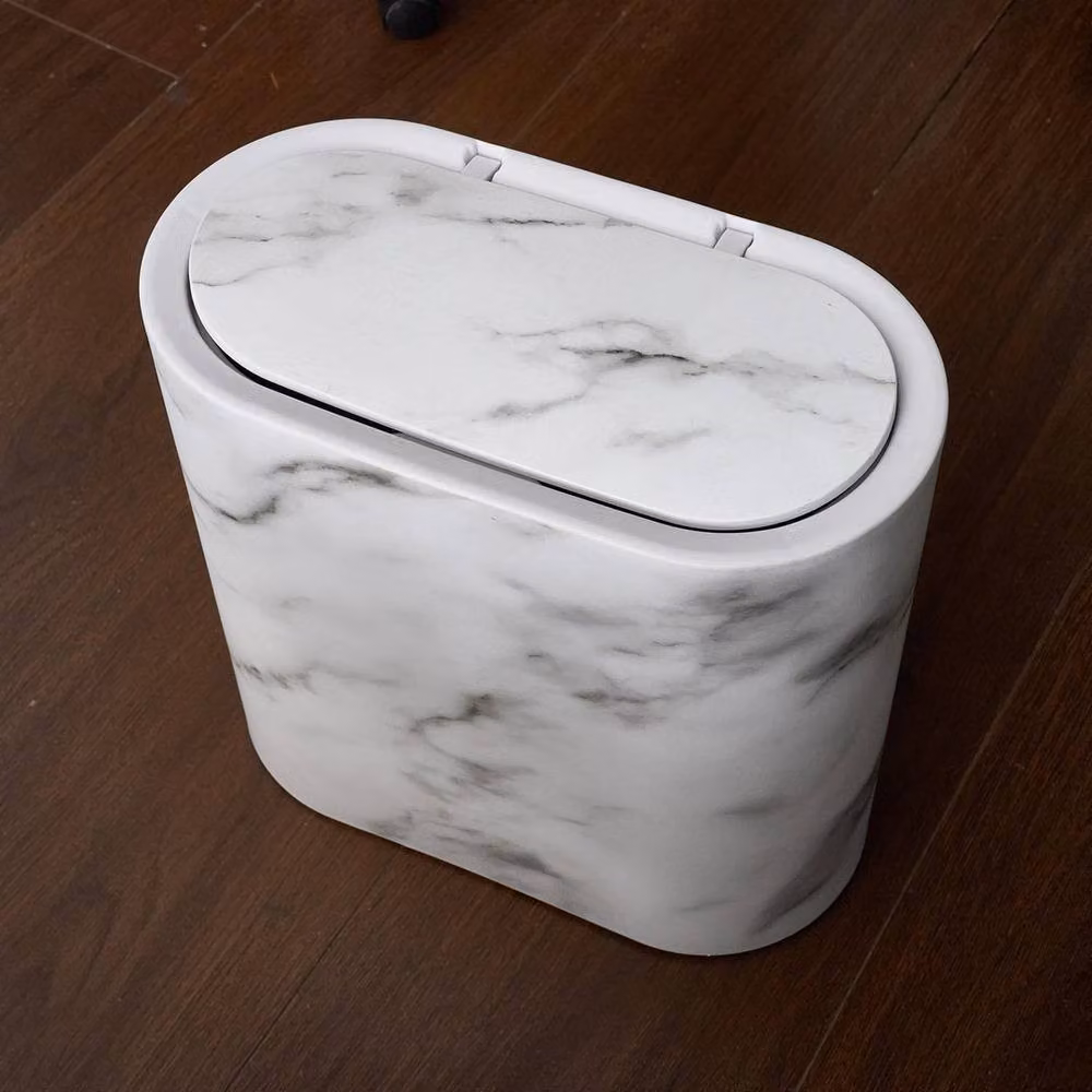 Kelvenix White Marble Effect Narrow Waste Bin with Flip Lid and Odour Filter – 4