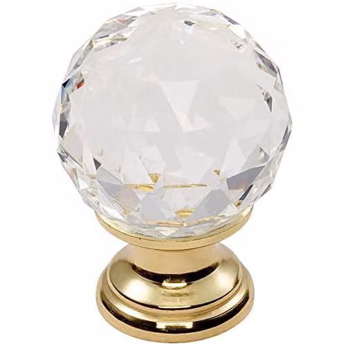 Loops Faceted Crystal Cupboard Door Knob in Polished Brass, 40mm Diameter