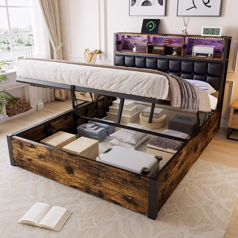 BTM Double Hydraulic Bed in Dark Brown with USB Charging, LED Lighting and Soft Storage Headboard, W/D/H: 140 x 200 cm – 2