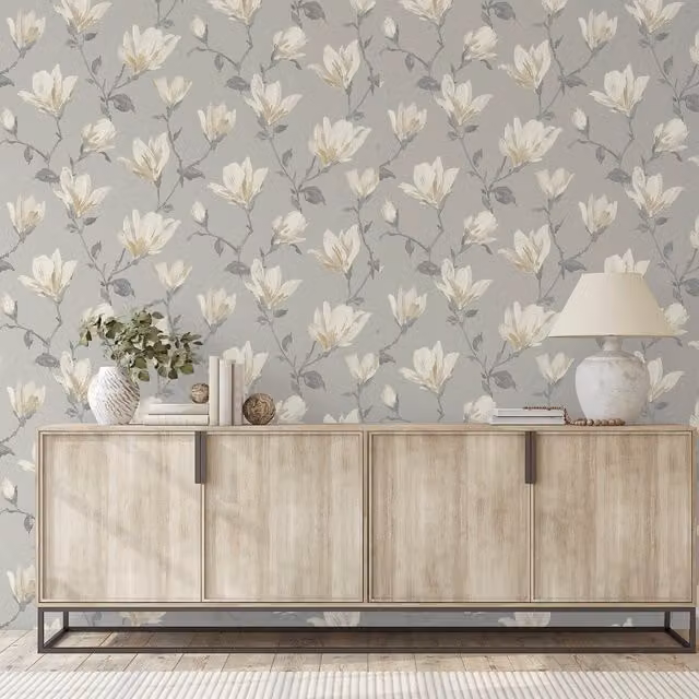 Arthouse Lily Floral Botanical Wallpaper in White and Grey