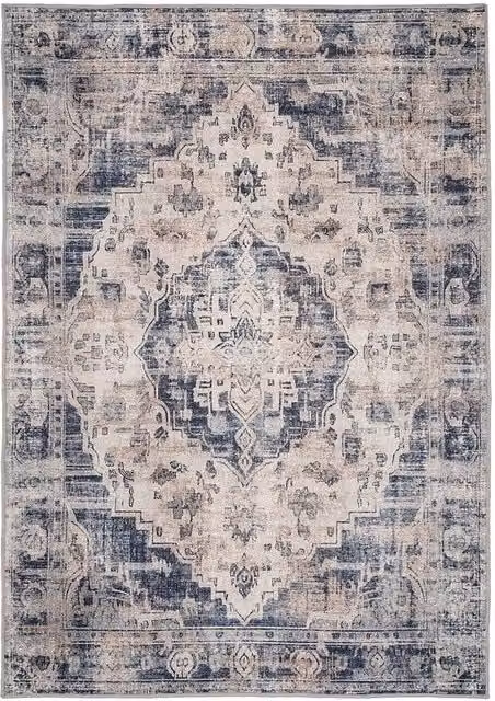 Kukoon Beige and Blue Distressed Vintage Medallion Cotton Area Rug, W: 120 cm, L: 170 cm – 1