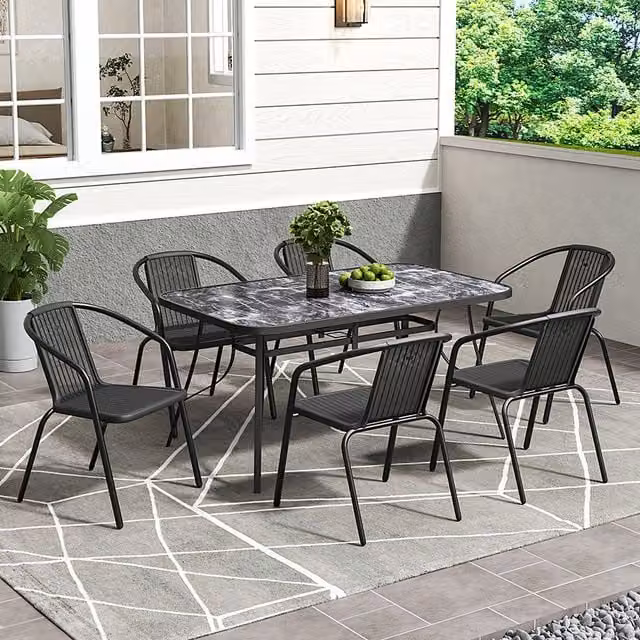 Breeins White Rectangle Tempered Glass Dining Table with 6 PE Rattan Chairs