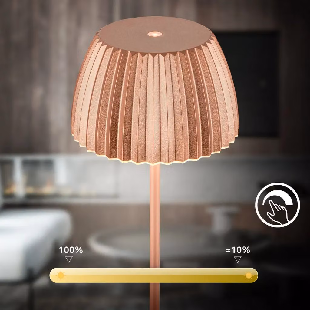 Briloner Riffle Rechargeable LED Table Lamp, Copper, H 36.5 cm x W 14.5 cm, IP44 Dimmable Touch Control – 4