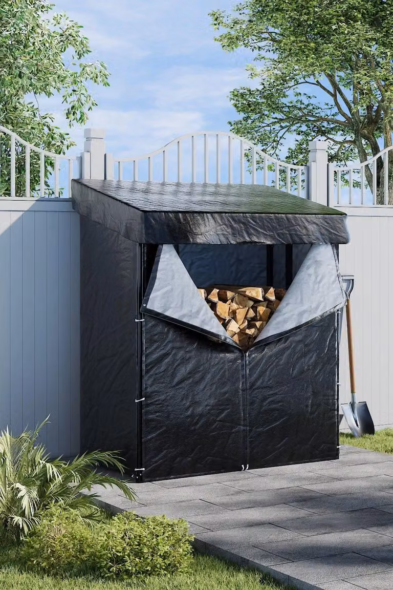 Garden Sanctuary Black Metal Outdoor Firewood Log Store Rack with Roof, W: 134.11 cm, D: 70.1 cm, H: 165 cm
