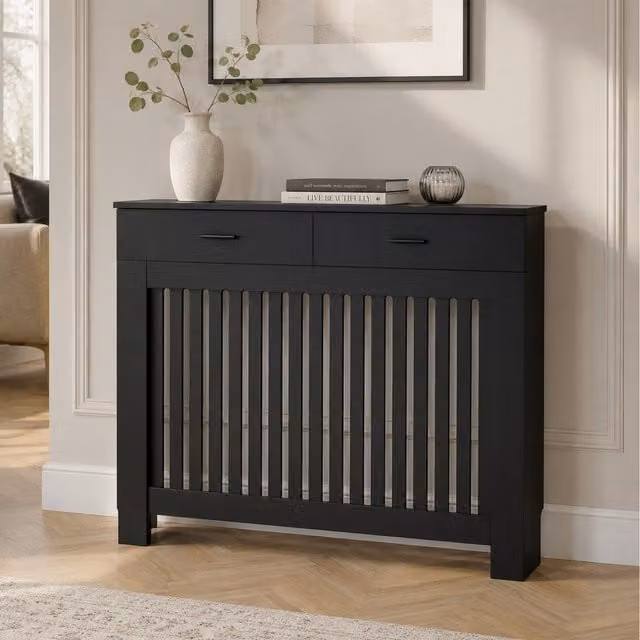 JSH Vertical Slat Radiator Cover with Storage Drawers in Matt Black, W/D/H: 109.5 x 82.0 x 17.9 cm