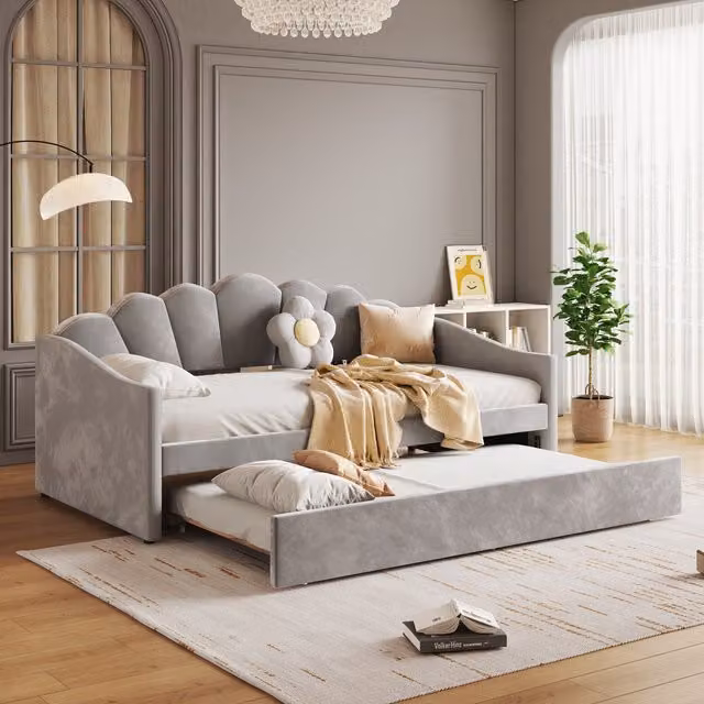 Aosom.UK Grey Upholstered Velvet Single Day Bed with Trundle and Scalloped Cushion, W/D/H: 202 x 190 x 95 cm