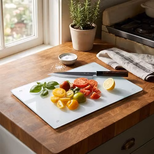 Harbour Housewares Rectangular Glass Chopping Board in White and Grey with Non-Slip Feet, W: 40 cm x D: 30 cm – 2