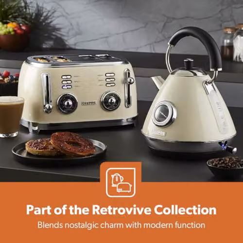 Geepas Retrovive Kitchen Appliance Combo Set including 20L Digital Microwave, 1.7L Electric Kettle, 4 Slice Toaster and 1.5L Jug Blender in Cream – 4