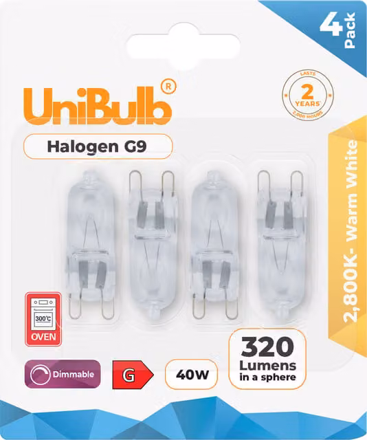 UniBulb G9 Halogen Capsule Bulb, 40W, 320lm, 2800K Warm White, Pack of 4