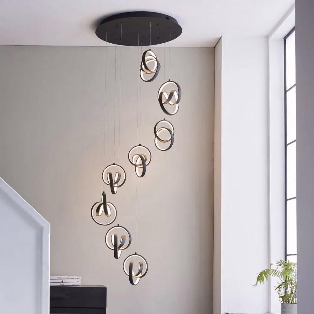 Loops Modern 8 Light Ring Ceiling Pendant in Matt Black with Integrated Dimmable Warm White LEDs – 2