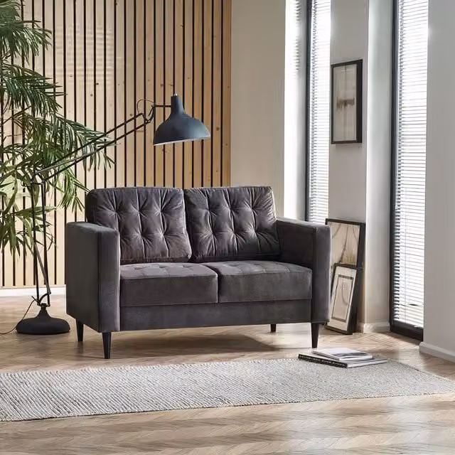 FurnitureboxUK Juno 2-Seater Velvet Sofa in Dark Grey with Solid Wood Frame