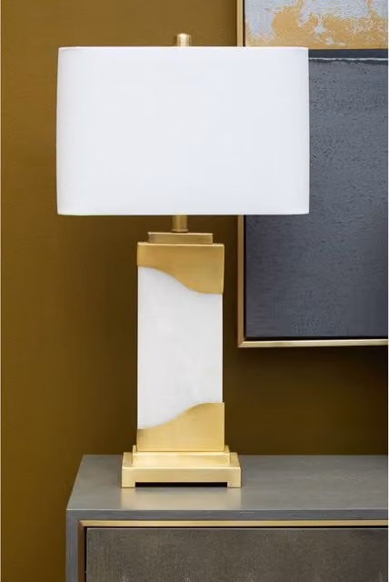 Fifty Five South Orsina Table Lamp in White Marble and Gold/Brass with Beige Fabric Shade – 1