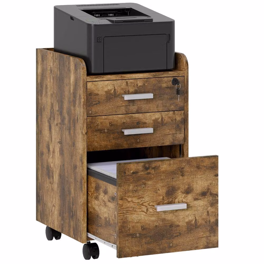 HOMCOM Lockable Mobile Filing Cabinet in Rustic Brown – 2