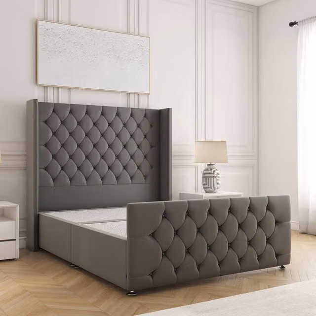 BSSPOKE Florida King Size Divan Bed with 54 inch Plush Velvet Headboard in Grey