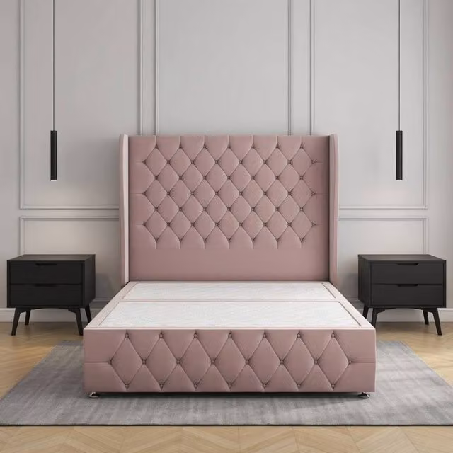 Regional Furnishings Super King Plush Velvet Divan Bed with 54 inch Headboard and Footboard in Pink, W/D/H: 200 x 200 cm