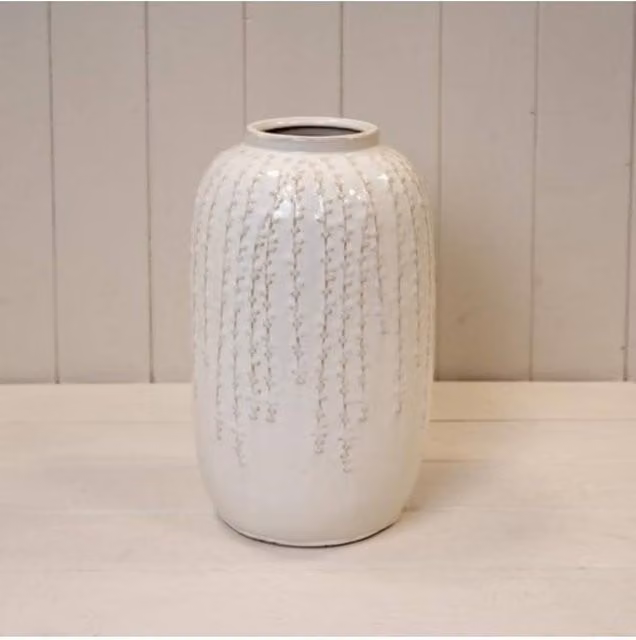 KDMD Large Minimalist Ribbed Ceramic Vase in Beige and White