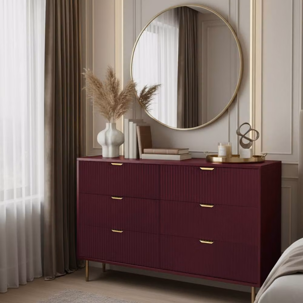 OHS Ribbed 6 Drawer Cabinet Chest of Drawers Sideboard in Dark Red – 2