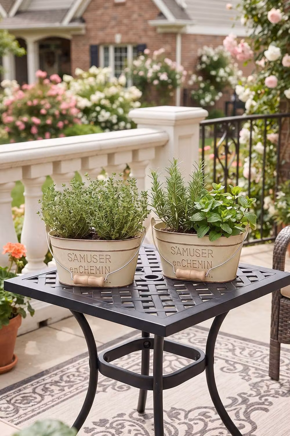 Living and Home 2-Piece Decorative Metal Retro Oval Plant Pot with Handle in Beige/White – 2