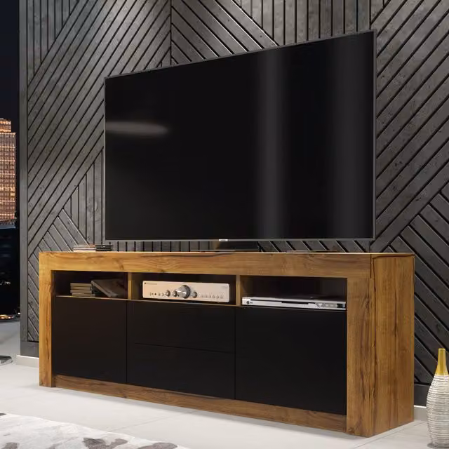 Creative Furniture Modern Oak TV Unit with Matt Black Doors in Brown, W: 160 cm, H: 60 cm, D: 35 cm