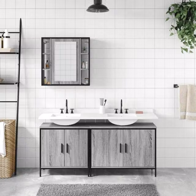 Berkfield Home 3 Piece Modern Grey Bathroom Cabinet Set with Mirror Cabinet and Vanity Unit