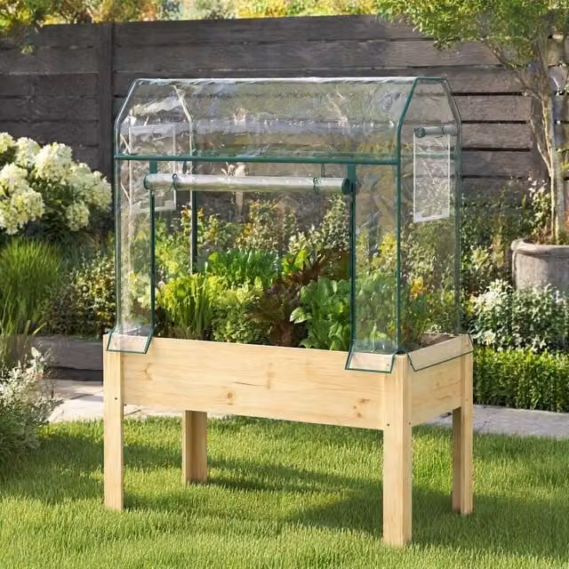 STILVORA Raised Planter Bed with Greenhouse Cover in Brown and Sand – 1
