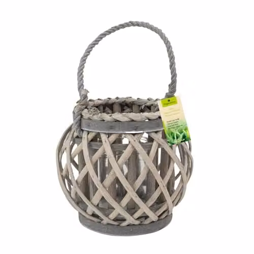 JVL Luna Set of 2 Round Willow Wood Lanterns with Braided Rope Handles in Grey Wash – 1