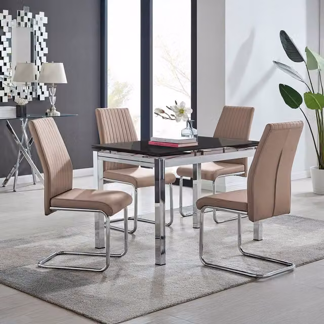 Furniturebox Enna Black Glass Extending Dining Table and 4 Lorenzo Chairs in Cappuccino